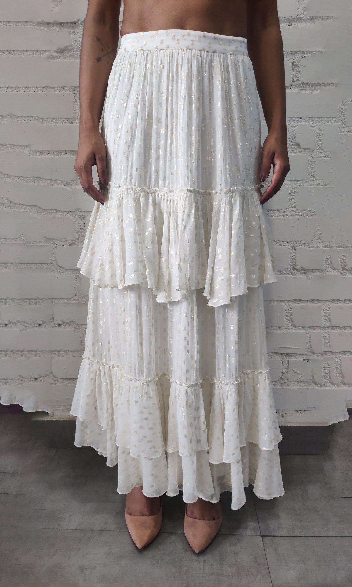Rococo Sand | Aine Viscose Georgette Gold Dobby Long Skirt | White