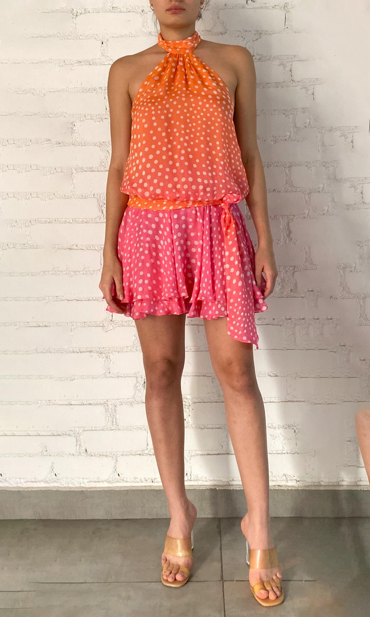 Rococo Sand | Blaire Viscose Flat Chiffon Short Dress | Orange Pink Ombre