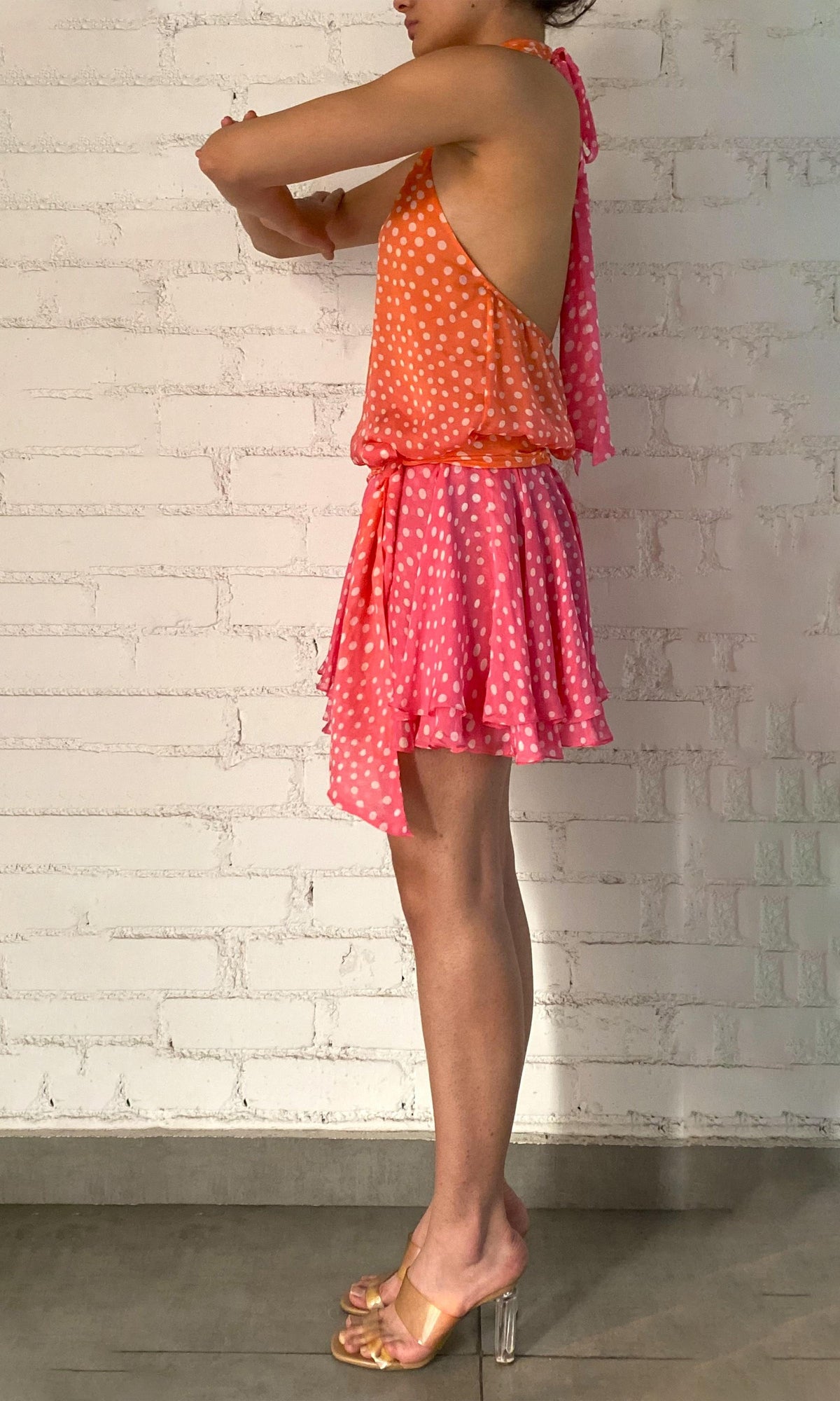 Rococo Sand | Blaire Viscose Flat Chiffon Short Dress | Orange Pink Ombre