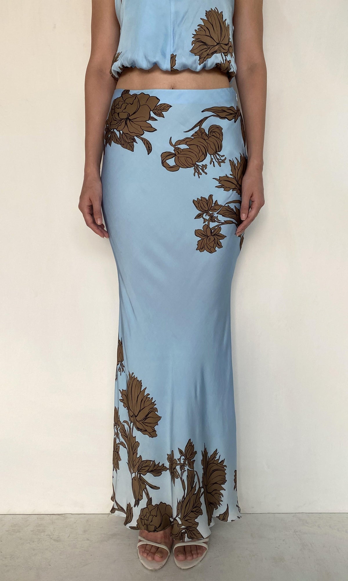 Rococo Sand | Cady Viscose Satin Maxi Skirt | Brown