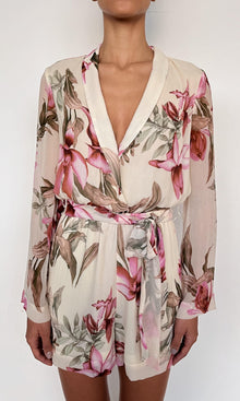 Rococo Sand | Cai Heavy Viscose Crinkle Chiffon Romper | Cream Pink Multi