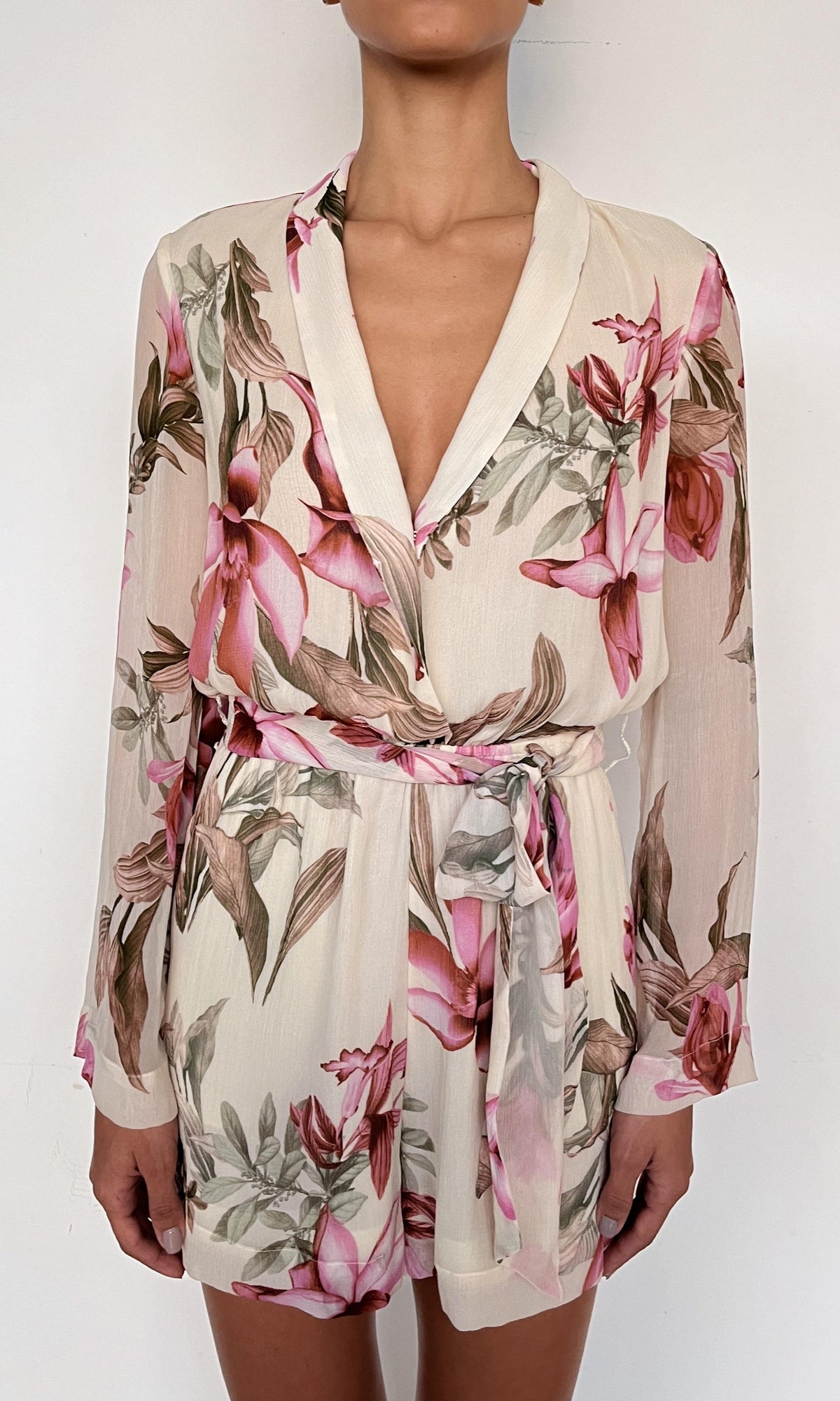 Rococo Sand | Cai Heavy Viscose Crinkle Chiffon Romper | Cream Pink Multi