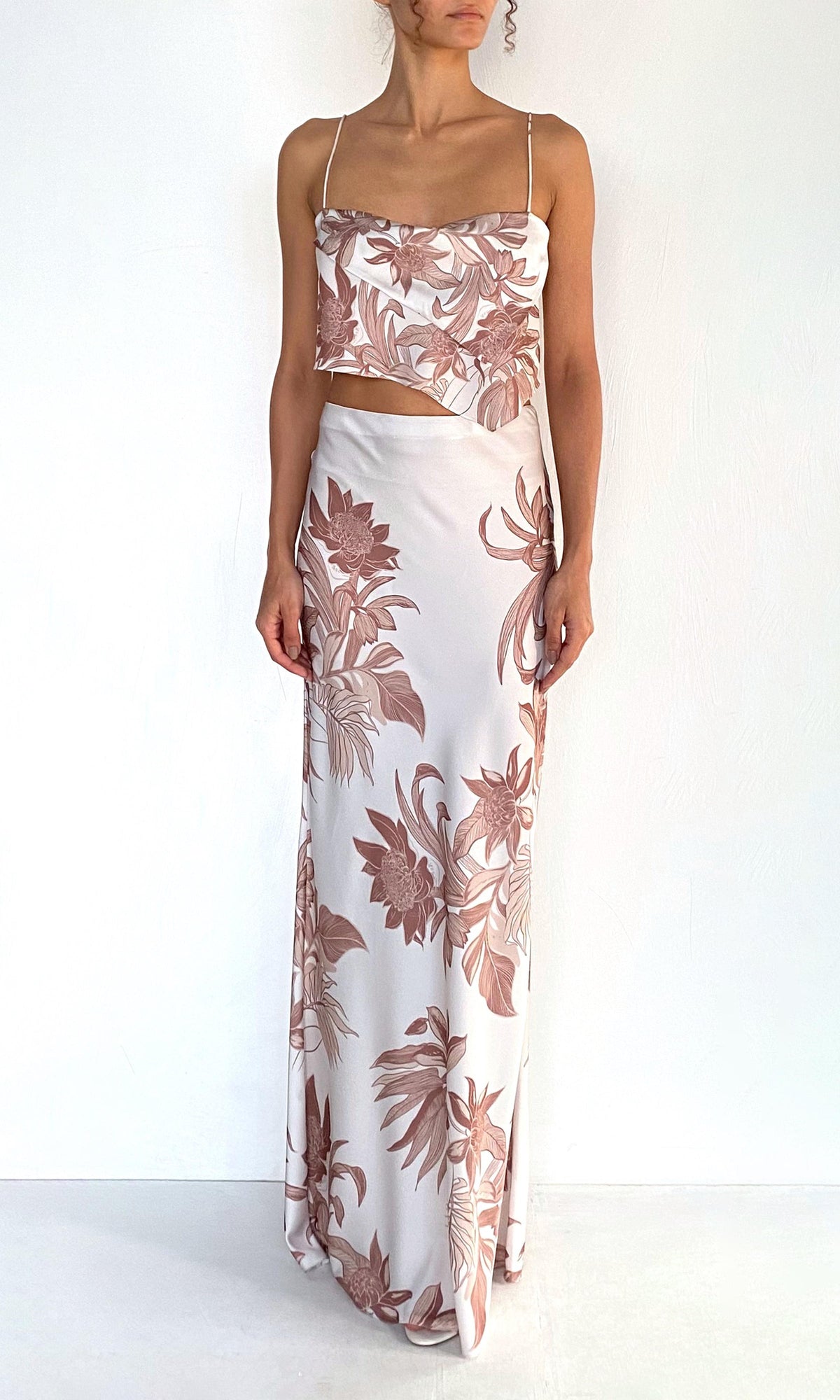 Womens | Cali Polyester Satin Lycra Scarf Cowl Top | Off-White Brown