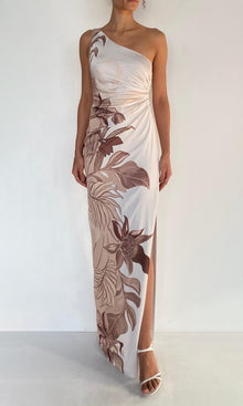 Rococo Sand | Cali Polyester Satin Lycra One Shoulder Ruched Maxi Dress | Off-White Brown