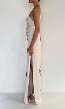 Rococo Sand | Cali Polyester Satin Lycra One Shoulder Ruched Maxi Dress | Off-White Brown
