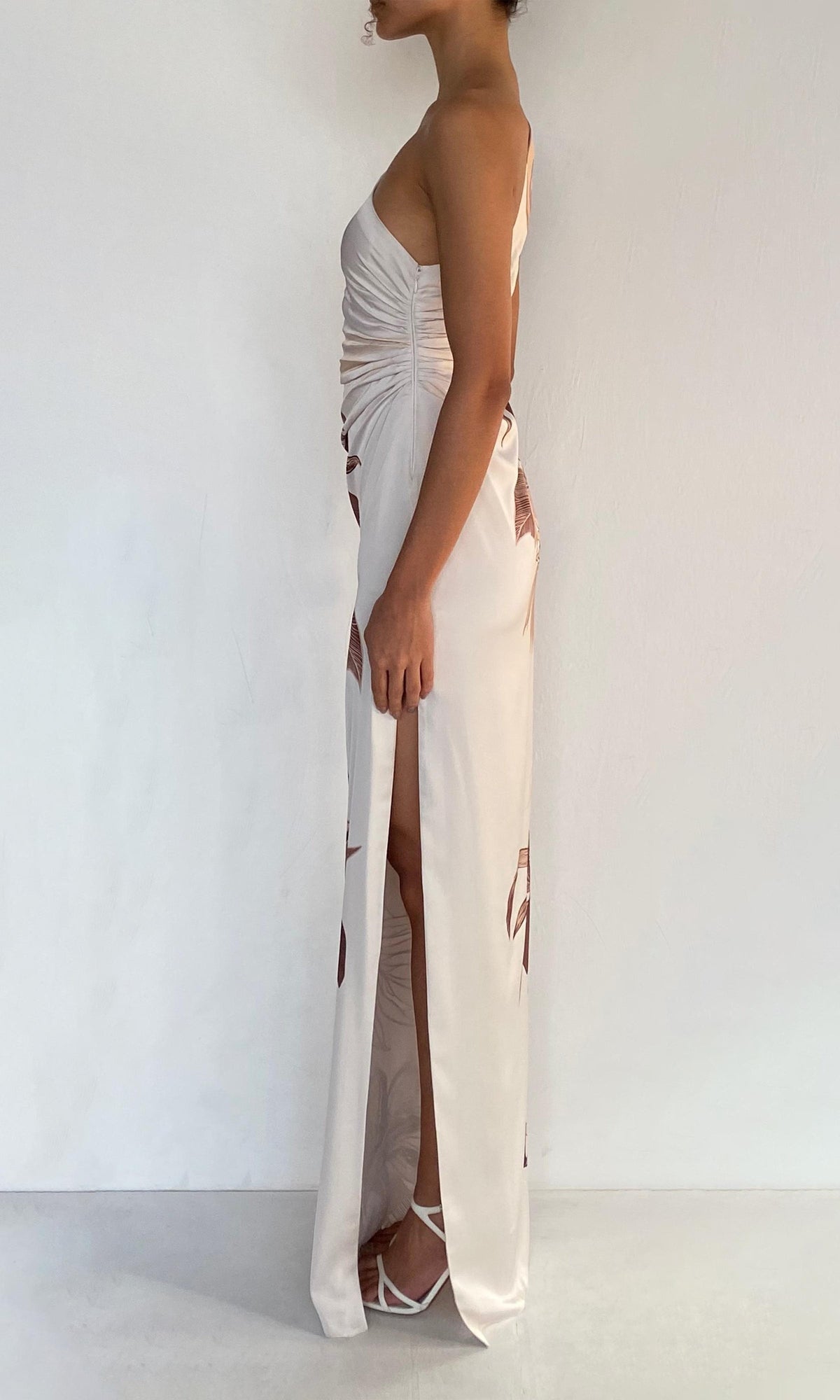Rococo Sand | Cali Polyester Satin Lycra One Shoulder Ruched Maxi Dress | Off-White Brown