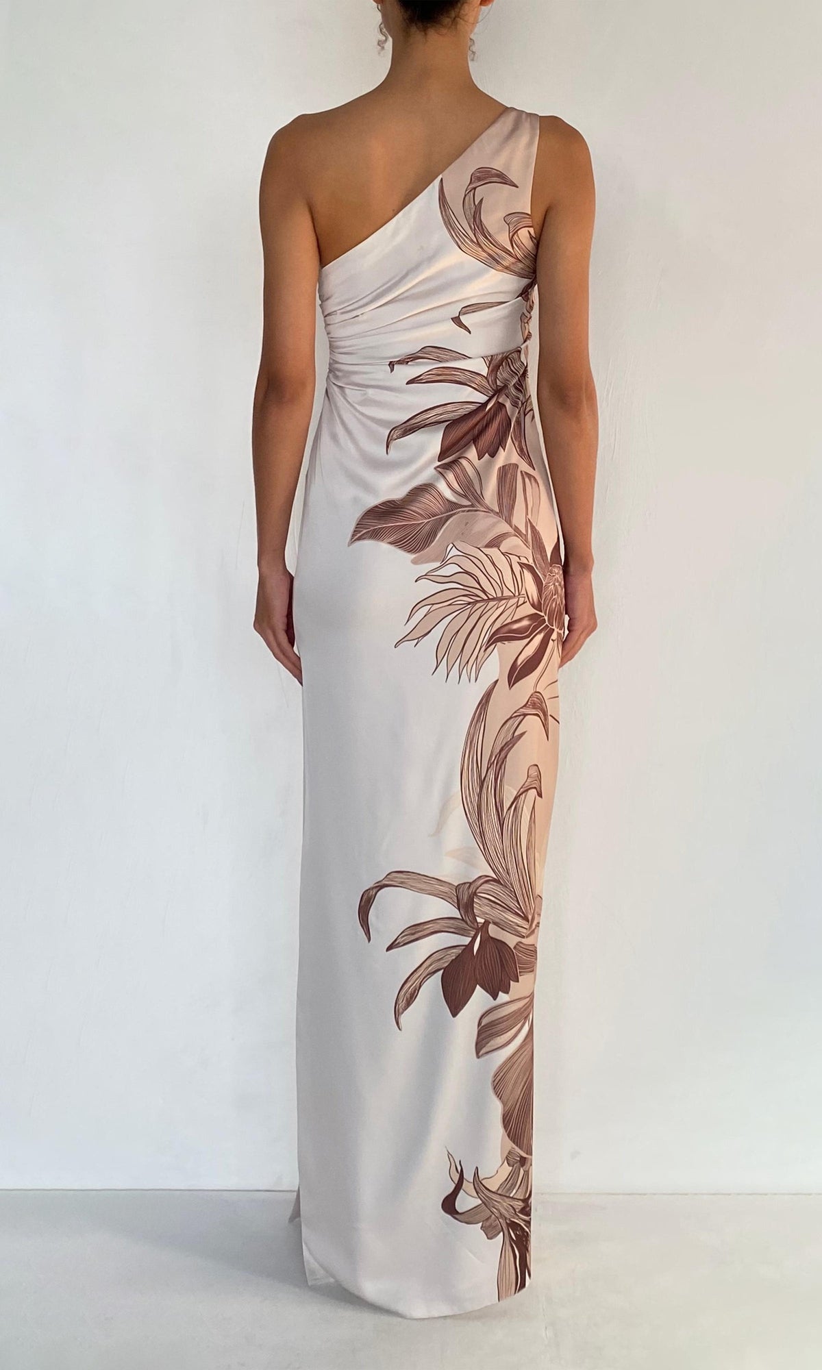 Rococo Sand | Cali Polyester Satin Lycra One Shoulder Ruched Maxi Dress | Off-White Brown