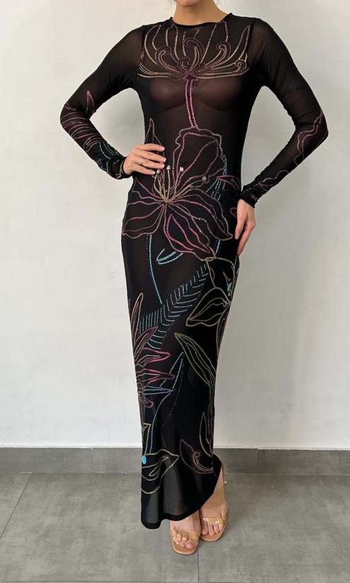 Rococo Sand | Chris Nylon Powermesh Long Dress | Black