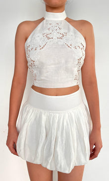Rococo Sand | Eli Thin Linen Cotton Embroidered Halter Crop Top | White