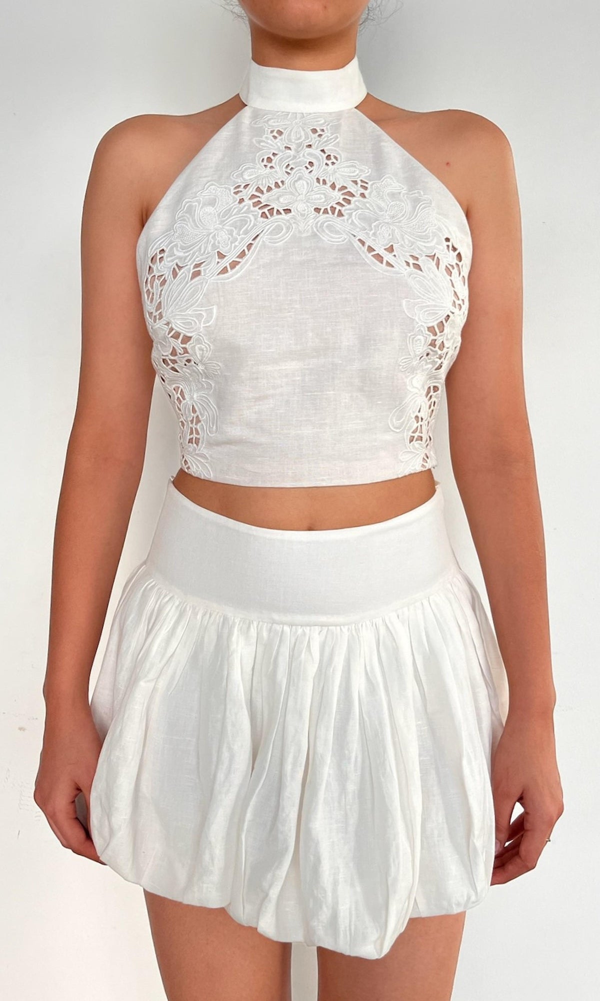 Rococo Sand | Eli Thin Linen Cotton Embroidered Halter Crop Top | White