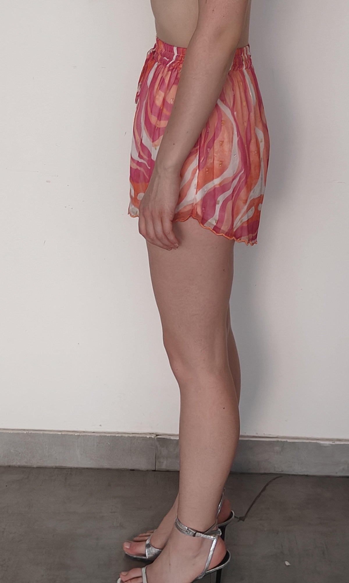 Rococo Sand | Emily Viscose Chiffon Gold Dobby Shorts | Pink Multi