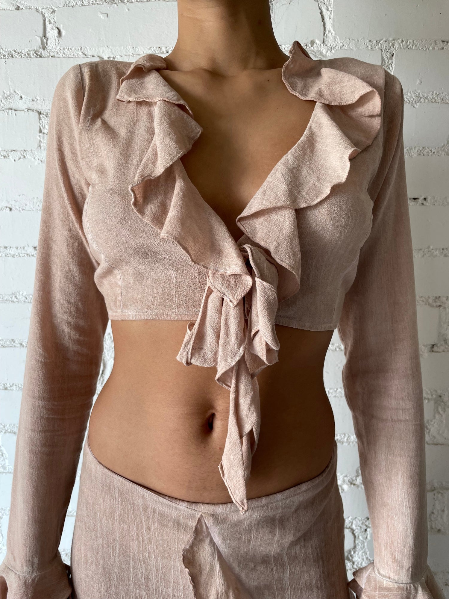 French Chic Elegant Ruffle Flare Sleeve Tie-Neck Top | Nude