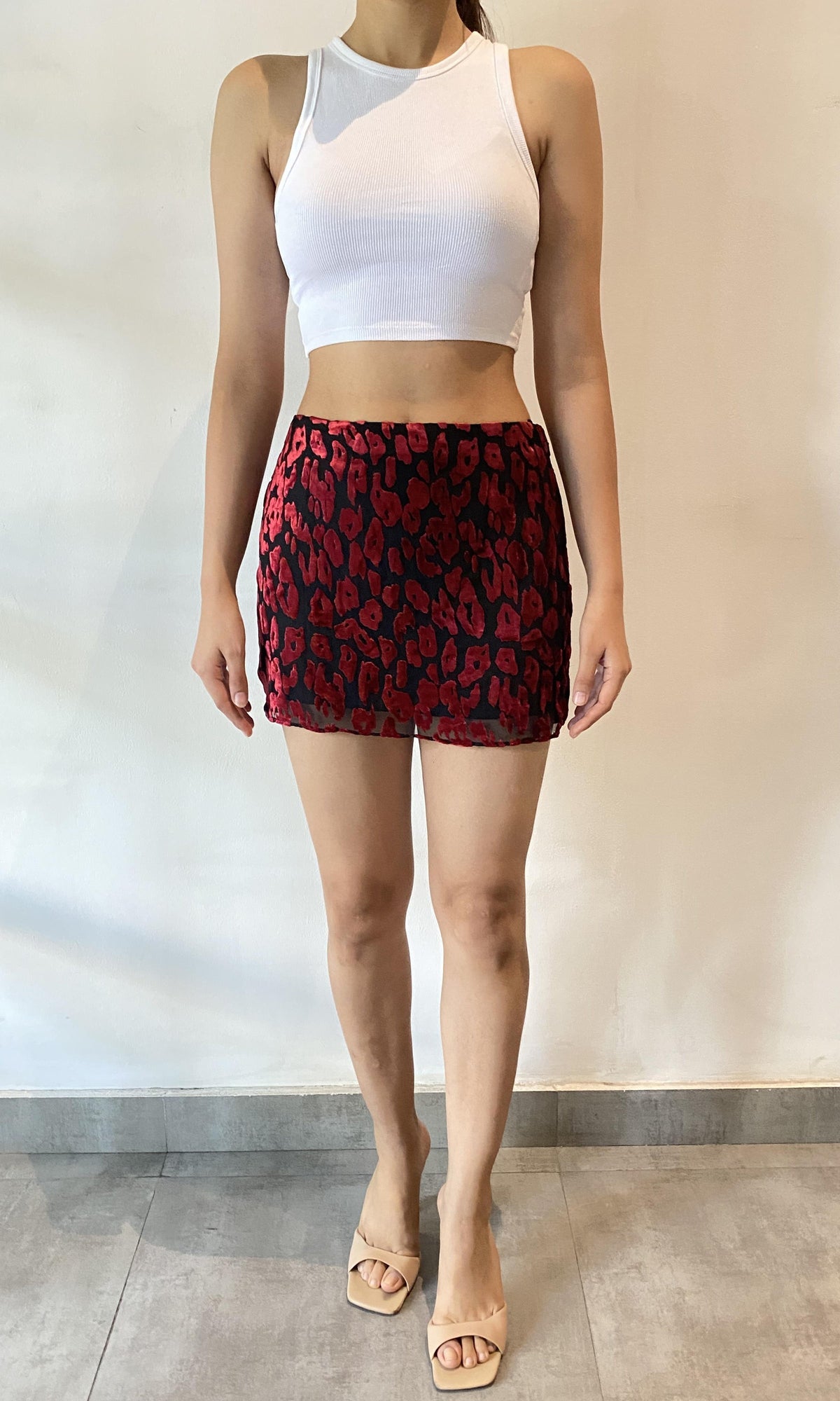 Rococo Sand | Haven Nylon Viscose Animal Burnout Short Skirt | Black Maroon