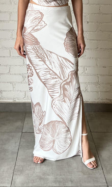 Rococo Sand | Ines Polyester Satin Lycra Long Skirt | Light Brown/White