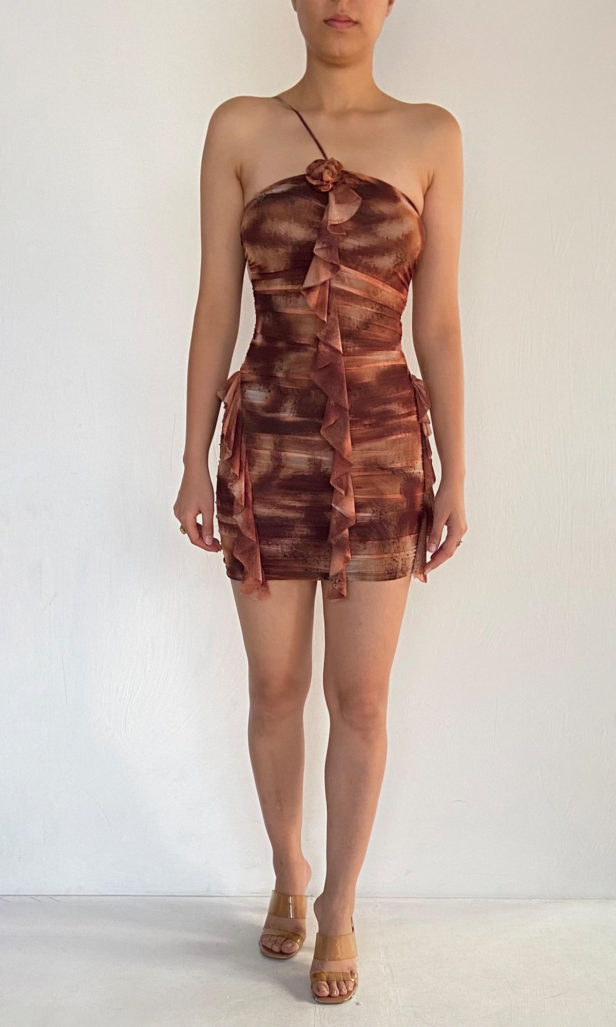 Rococo Sand | Inv Nylon Net Short Dress | Brown
