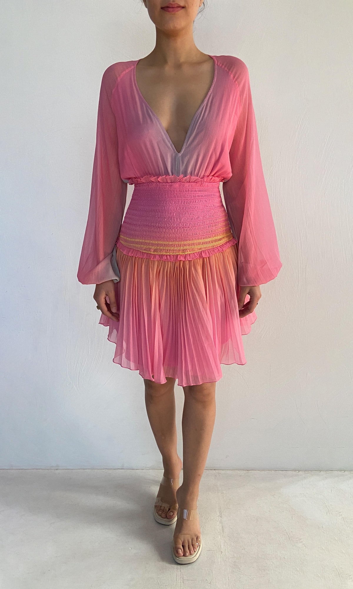Womens | Inv Viscose Crinkle Deep Chiffon V-Neck Short Dress | Pink