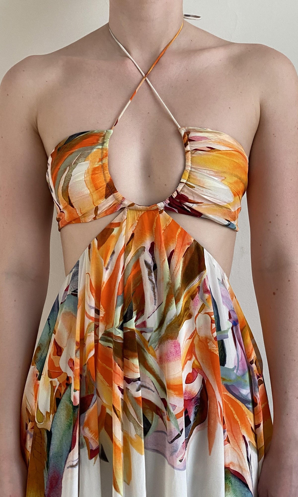 Rococo Sand | Jill Viscose Natural Crepe High Low Maxi Dress | White Multi