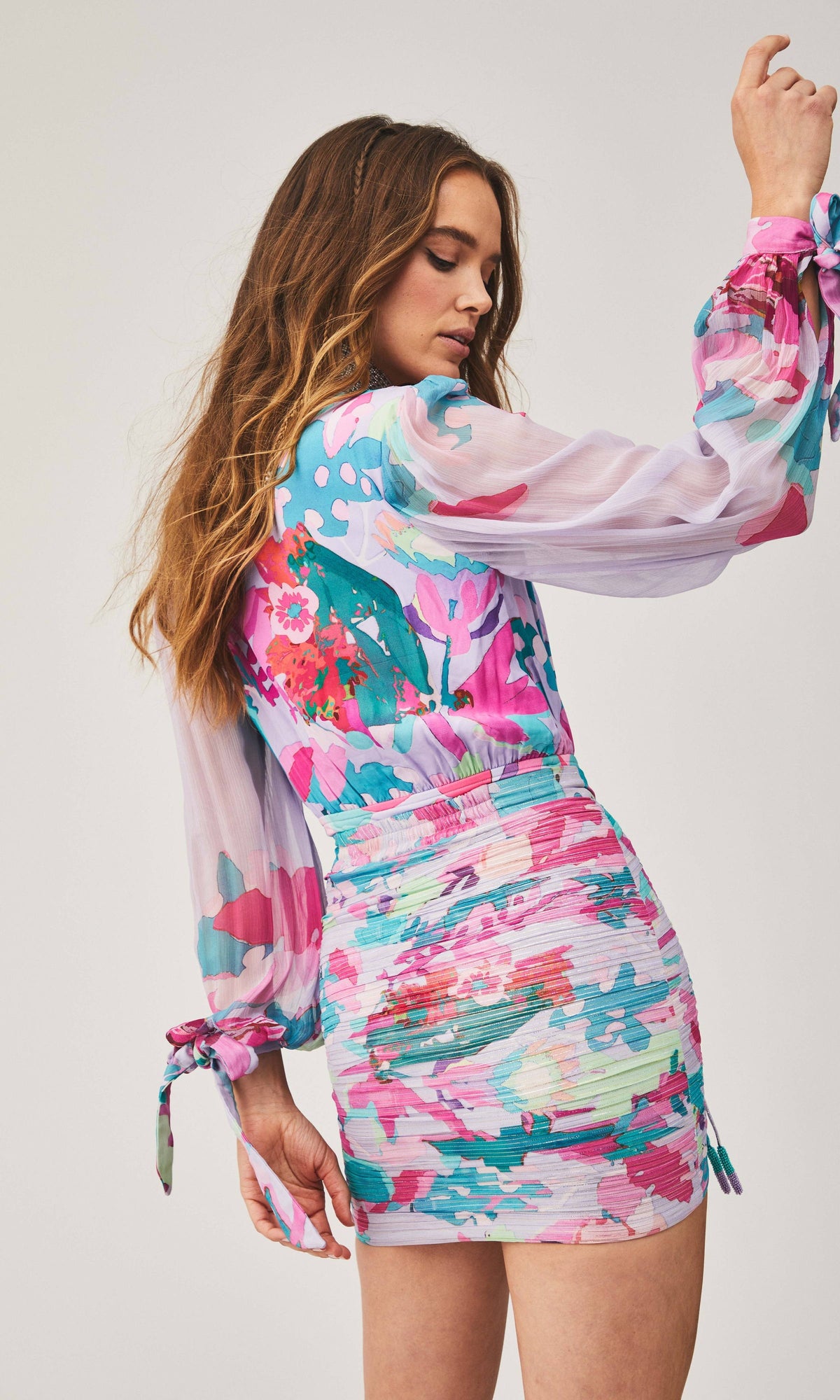 Rococo Sand | Lyan Viscose Crinkle Chiffon Bodysuit | Lilac Multi