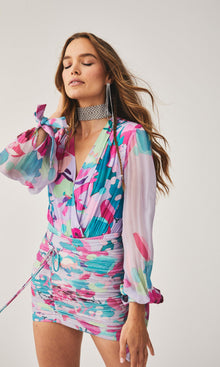 Rococo Sand | Lyan Viscose Crinkle Chiffon Bodysuit | Lilac Multi