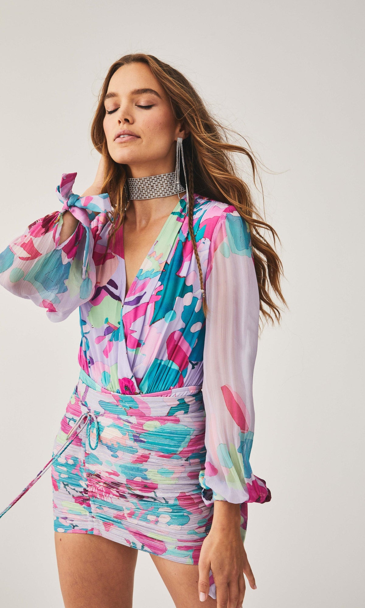 Rococo Sand | Lyan Viscose Crinkle Chiffon Bodysuit | Lilac Multi
