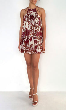 Rococo Sand | Maia Viscose Flat Chiffon Tiered Mini Dress | Ivory Burgundy