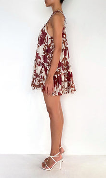 Rococo Sand | Maia Viscose Flat Chiffon Tiered Mini Dress | Ivory Burgundy