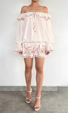 Womens | Myril Cotton Double Cloth Gauze Embroidered Off Shoulder Mini Dress | White Terracotta