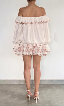 Womens | Myril Cotton Double Cloth Gauze Embroidered Off Shoulder Mini Dress | White Terracotta