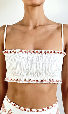 Rococo Sand | Myril Cotton Double Cloth Gauze Embroidered Smocking Bandeau Top | White Terracotta