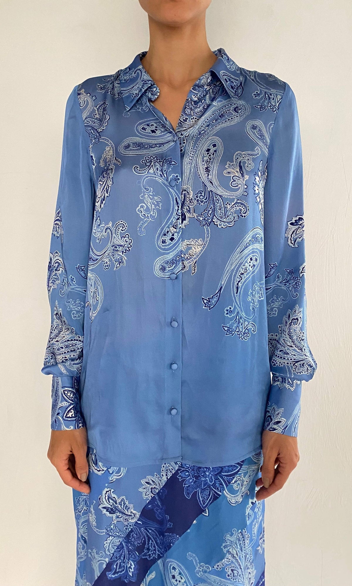 Rococo Sand | Navy Bemberg Cupro Satin Button Up Shirt | Light Blue