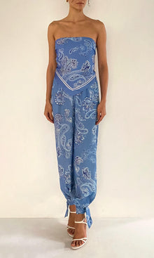 Rococo Sand | Navy Viscose Heavy Crepe Mid Waist Jogger Pants | Light Blue