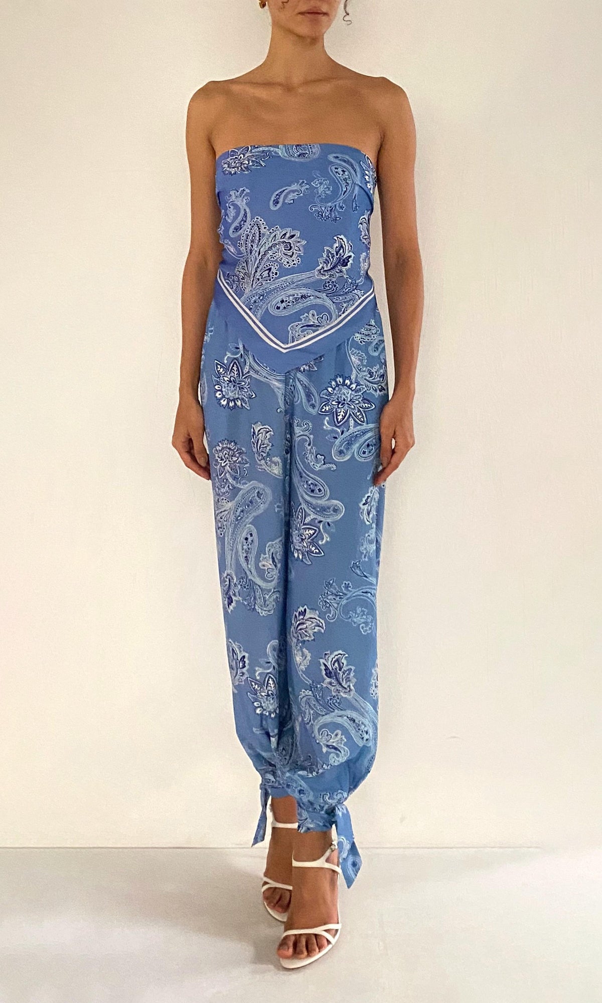 Rococo Sand | Navy Viscose Heavy Crepe Mid Waist Jogger Pants | Light Blue
