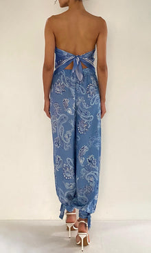 Rococo Sand | Navy Viscose Heavy Crepe Mid Waist Jogger Pants | Light Blue