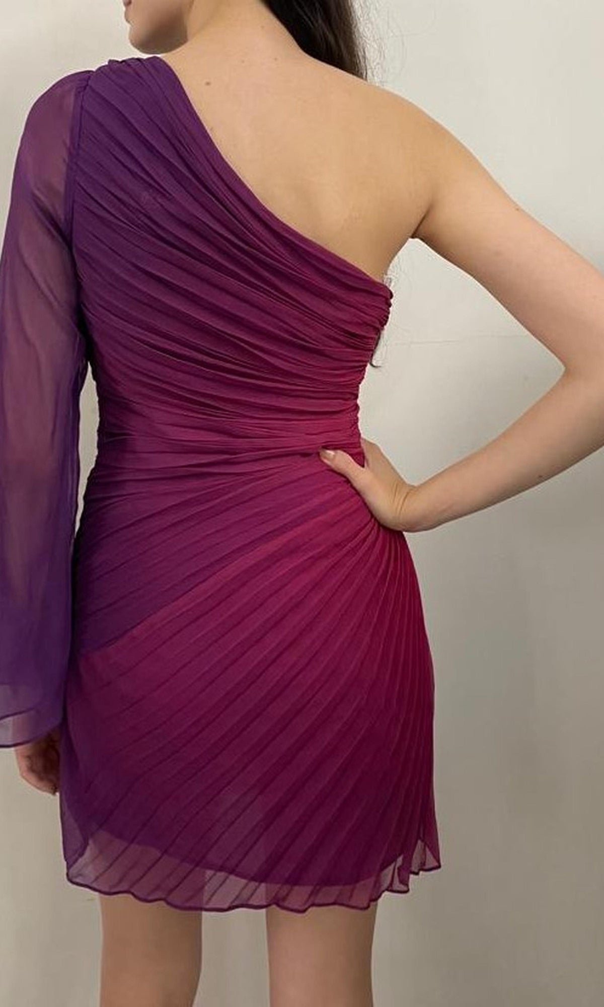 Rococo Sand | Paige Polyester Chiffon One-Shoulder Short Dress | Purple Ombre