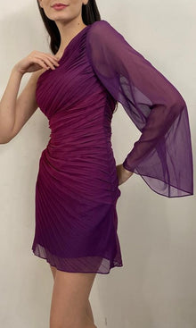 Rococo Sand | Paige Polyester Chiffon One-Shoulder Short Dress | Purple Ombre