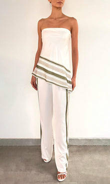 Womens | Taio Polyester Satin Lycra Asymmetrical Strapless Top | Off-White Green