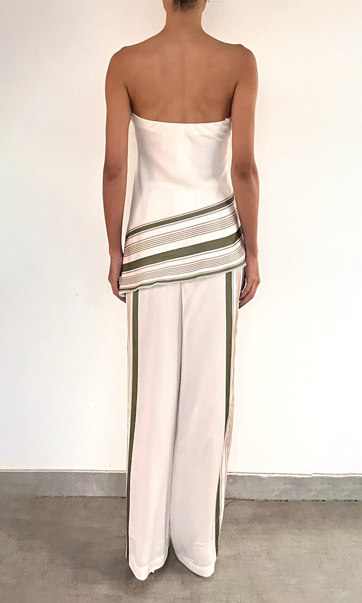 Womens | Taio Polyester Satin Lycra Asymmetrical Strapless Top | Off-White Green