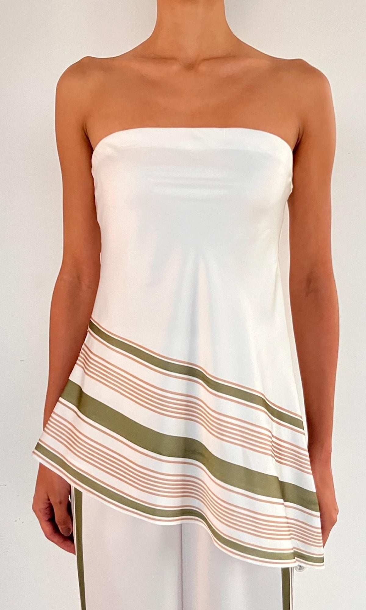 Womens | Taio Polyester Satin Lycra Asymmetrical Strapless Top | Off-White Green