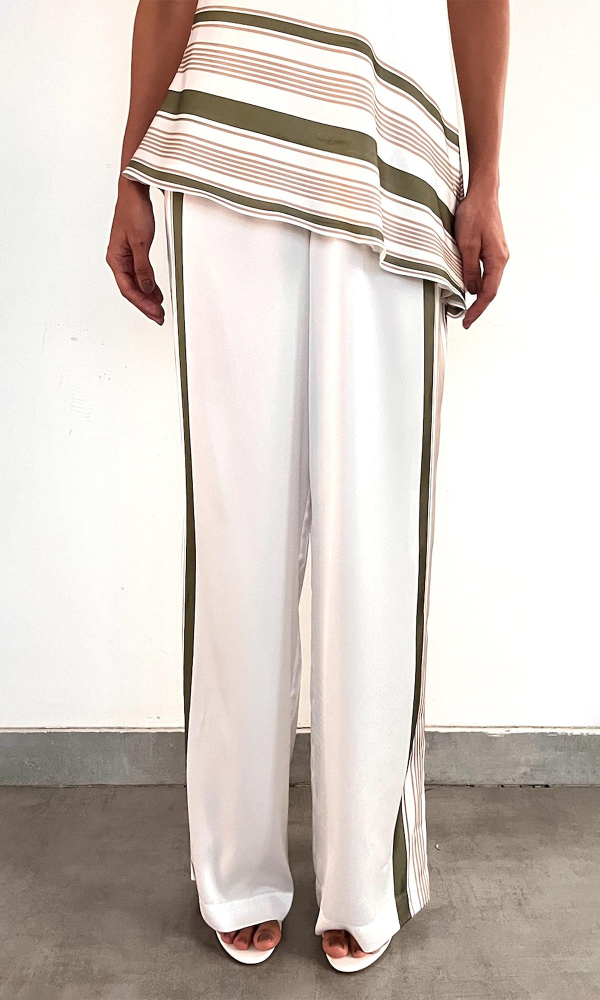 Rococo Sand | Taio Polyester Satin Lycra Elasticated Pyjama Pants | Off-White Green