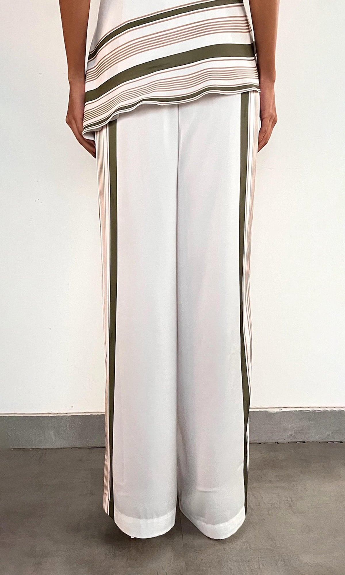 Rococo Sand | Taio Polyester Satin Lycra Elasticated Pyjama Pants | Off-White Green