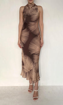 Rococo Sand | Taro Viscose Satin Cowl Neck Long Dress | Brown