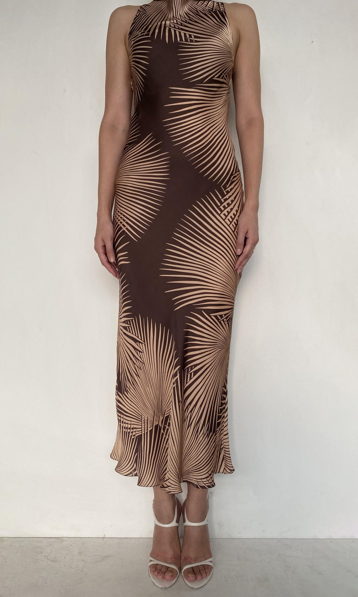 Rococo Sand | Taro Viscose Satin Cowl Neck Long Dress | Brown