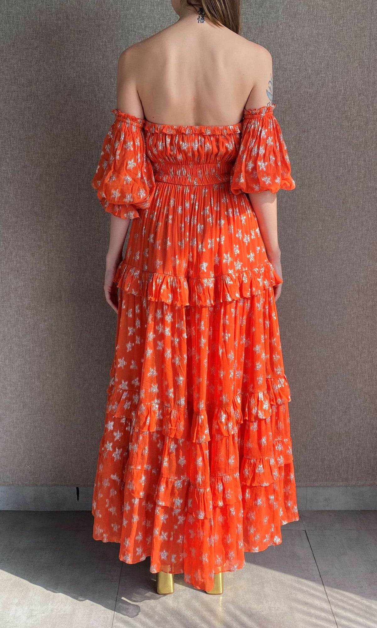 Womens | Vega Viscose Georgette Star Lurex Long Dress | Orange