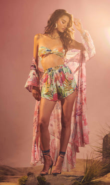 Rococo Sand | Zazu Tanish Crepe Shorts | Montley Tropical On Mint Green