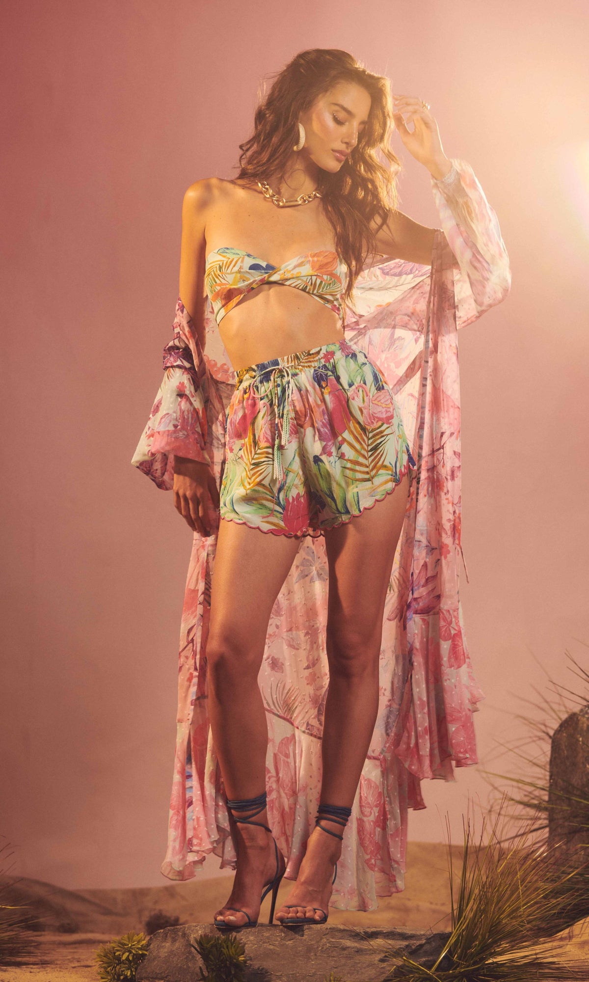 Rococo Sand | Zazu Tanish Crepe Shorts | Montley Tropical On Mint Green