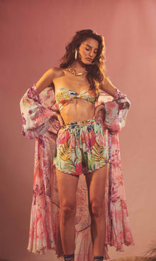 Rococo Sand | Zazu Tanish Crepe Shorts | Montley Tropical On Mint Green
