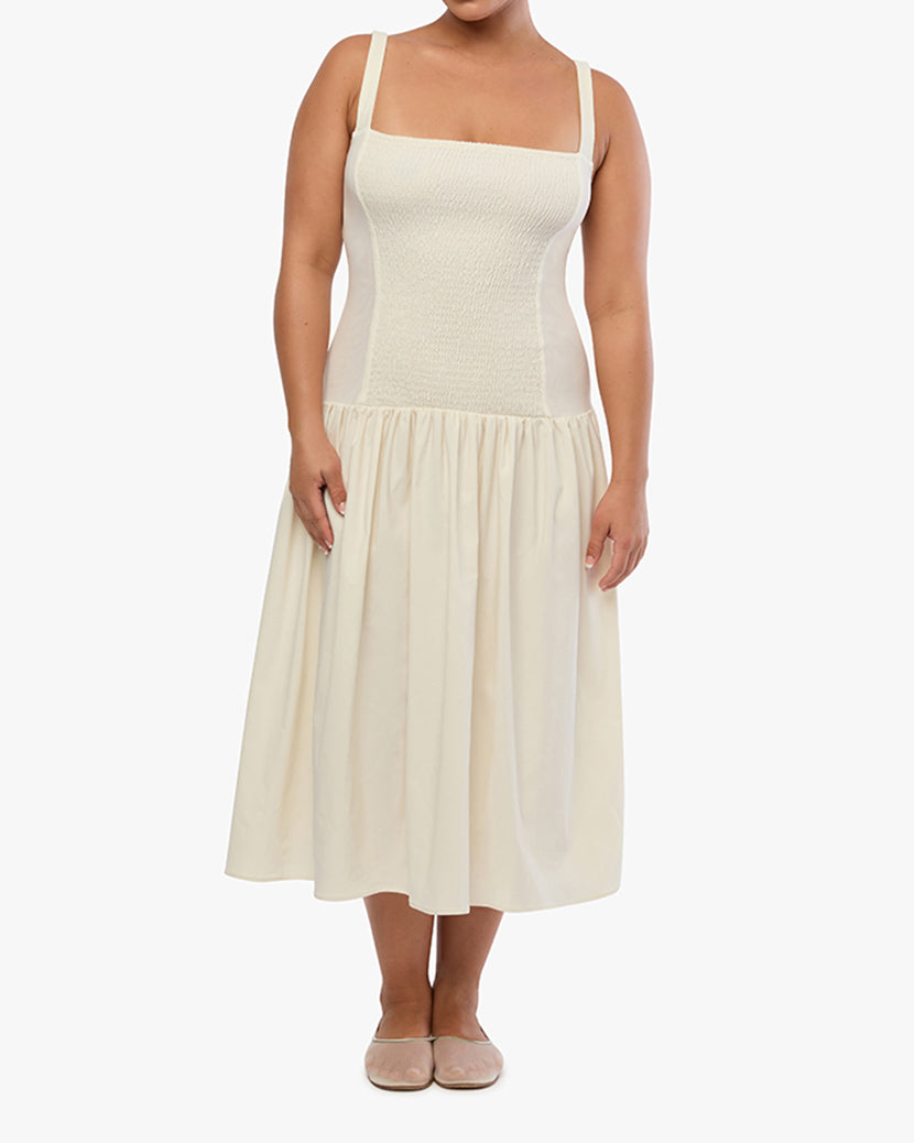 Smocked Drop Waist Midi Dress | Ivory