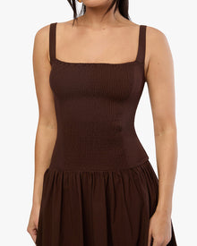 Smocked Drop Waist Midi Dress | Muted Eggplant