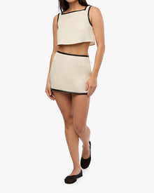 Leather Trim Mini Skirt | Ivory/Black