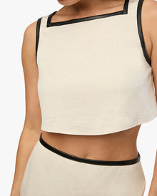 Leather Trim Cropped Top | Ivory/Black